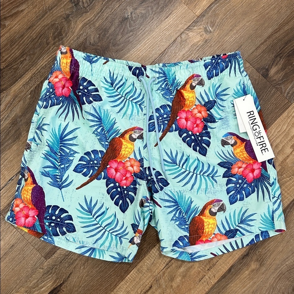 Ring of Fire Mens Shorts Swim Trunks Size L Blue Tropical Parrot Print Novelty